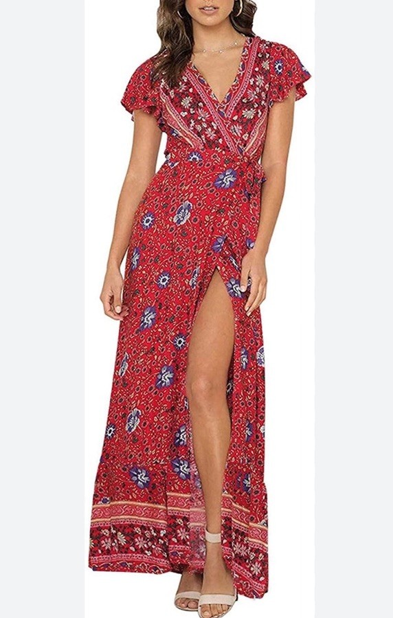 ZESICA Womens Maxi Dress Sz S Floral Wrap V Neck Short Sleeve Bohemian Pink Blue