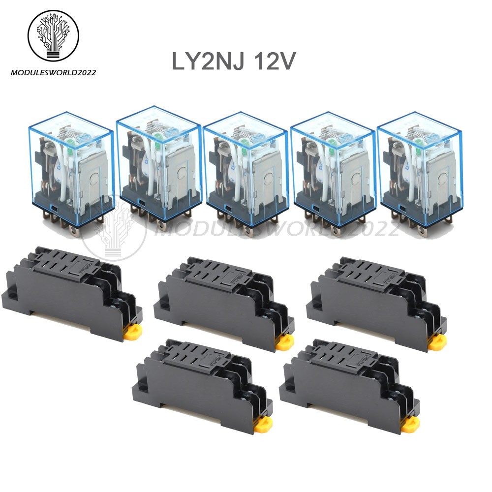 5pcs Relay LY2NJ DC12V Small Coil Power Relay 10A 8PIN Coil DPDT W/ Socket Base