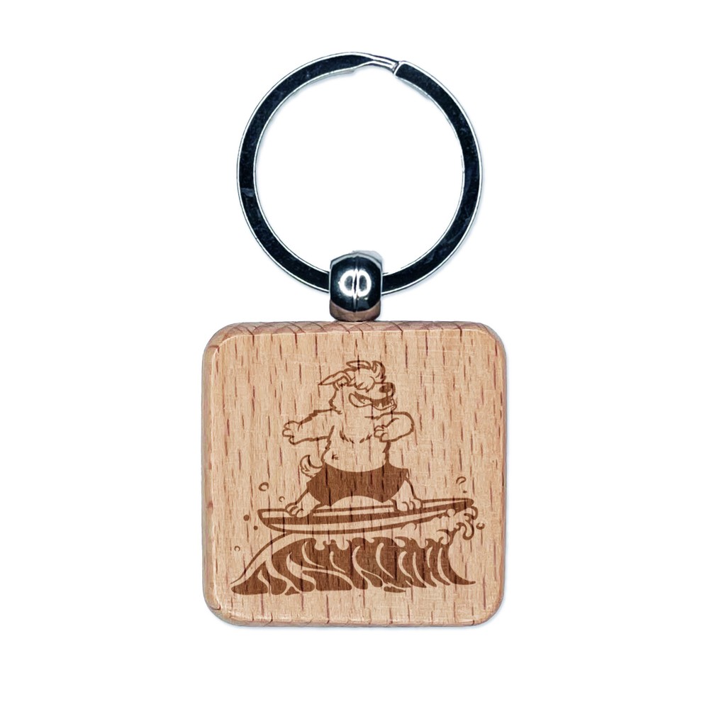 Shaggy Surfer Dog on Wave Engraved Wood Square Keychain Tag Charm