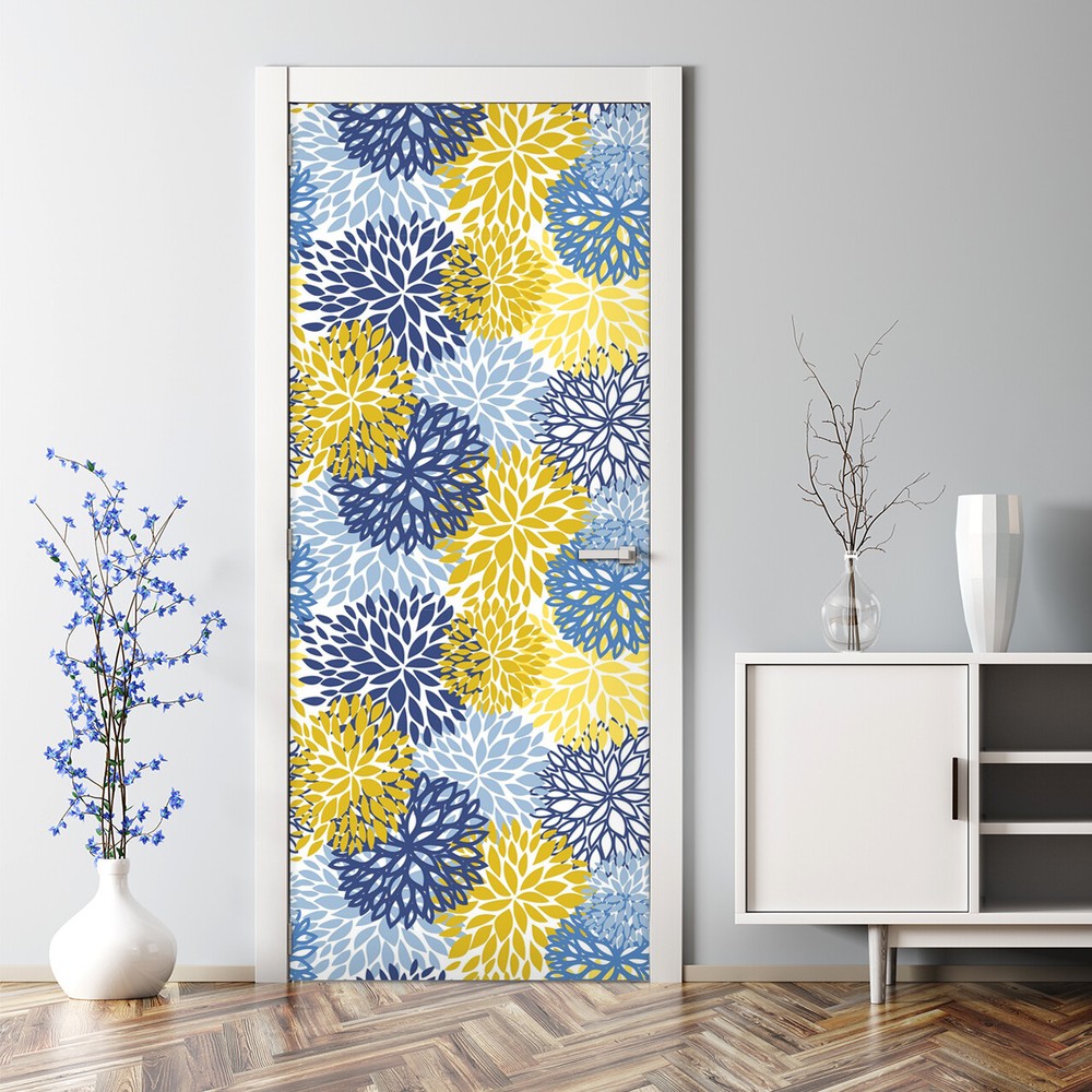 Blue Chrysanthemum Bubble-Free Nursery Soft Pattern Door Sticker