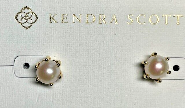 Kendra Scott Ashton Cultured Pearl Gold Tone Stud Earrings on Card with Pouch