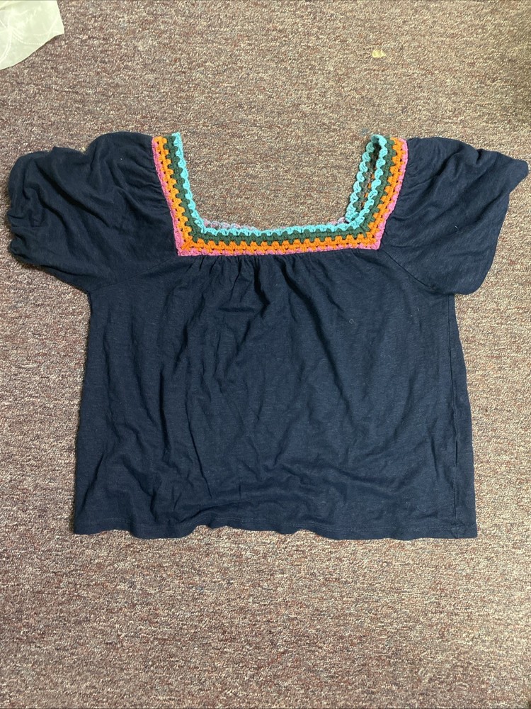 Boden Clemmie Square Neck Embroidered Short Sleeve Blue Top Size 2