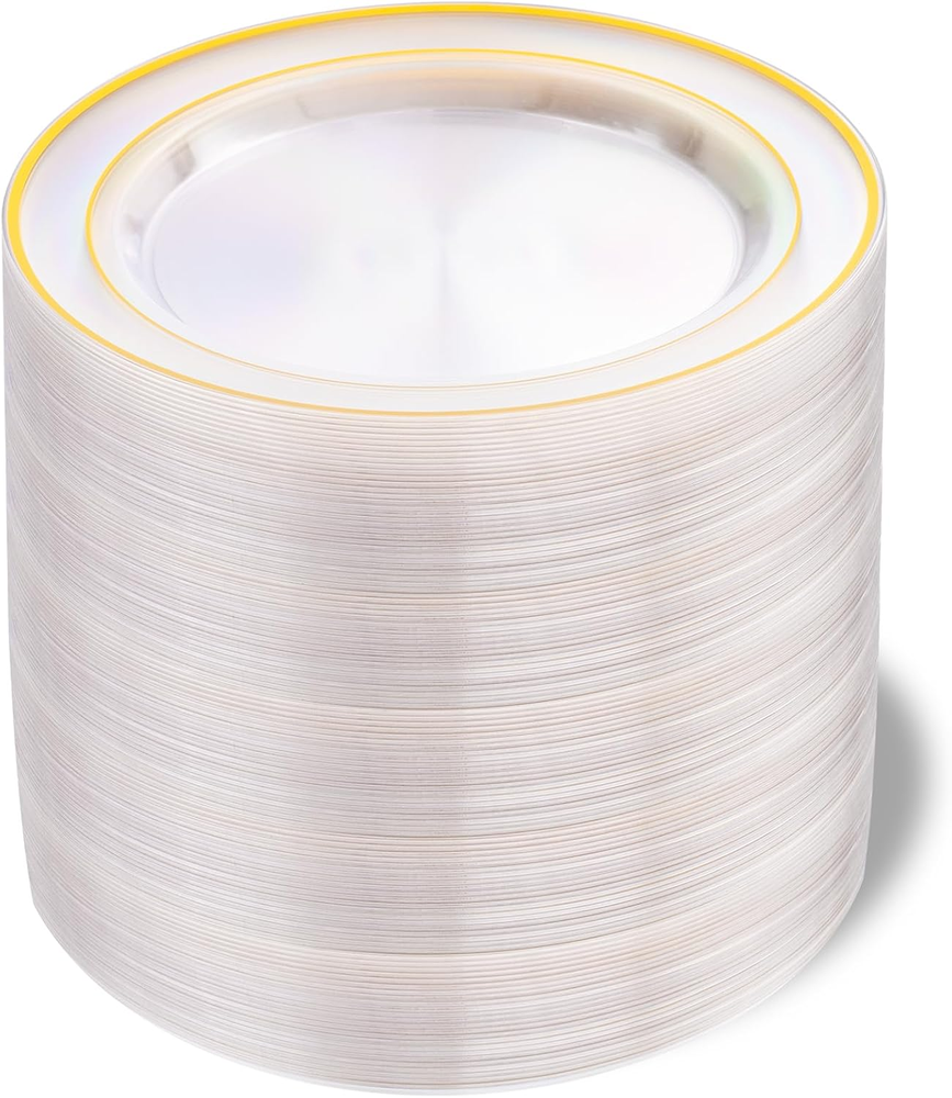100Pcs Clear Gold Dessert Plates,Gold Plates Disposable,Gold Rim Plates 7 Inch,