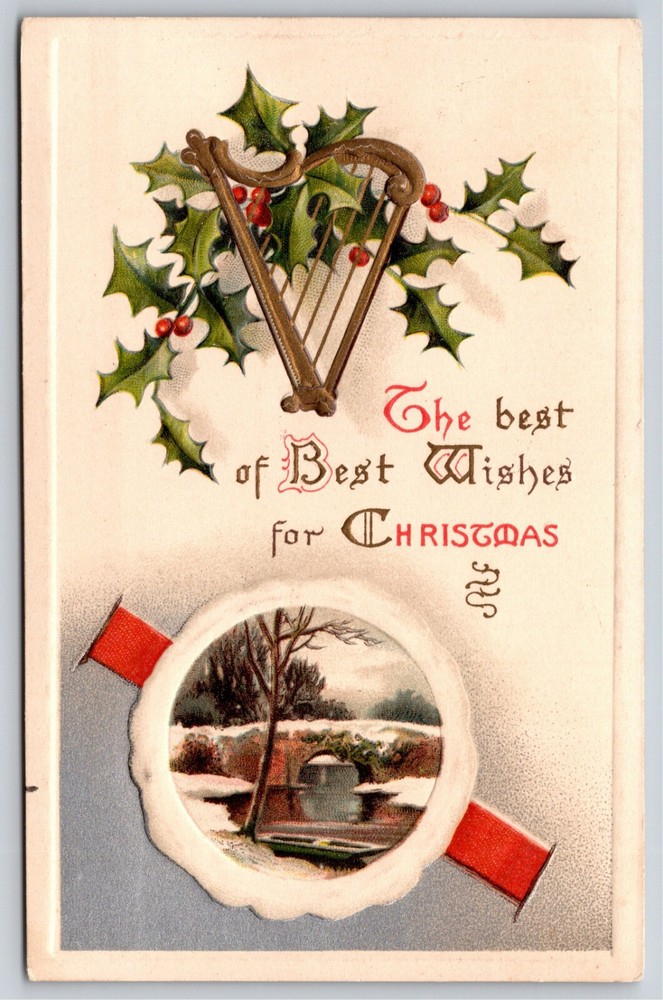 Christmas Greetings~Best Wishes~Winter Bridge W/ Harp & Holly~Vintage Postcard