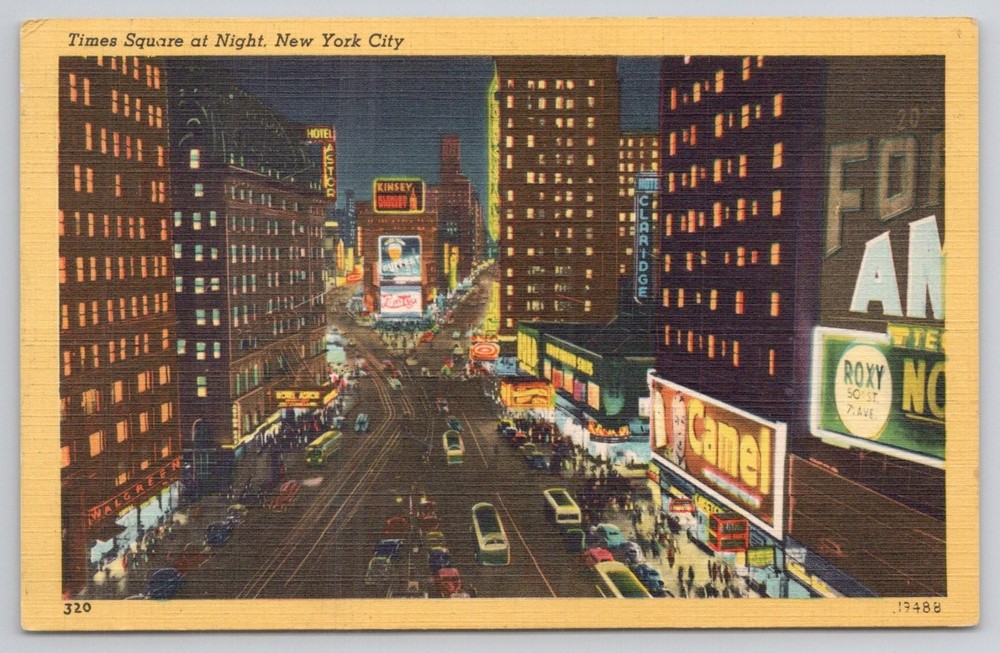 Vintage Linen Postcard: Times Square at Night, NYC - Alfred Mainzer