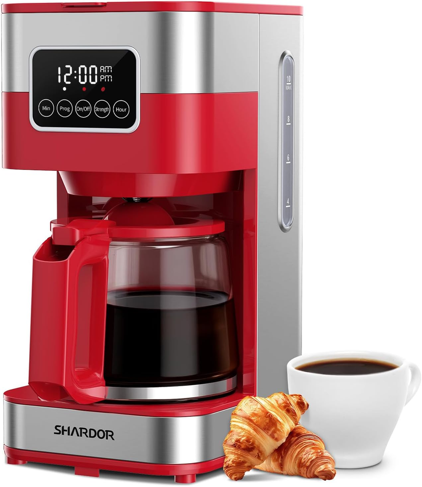 Red Stainless Steel 10-Cup Programmable Coffee Maker Brew Option Reusable Filter