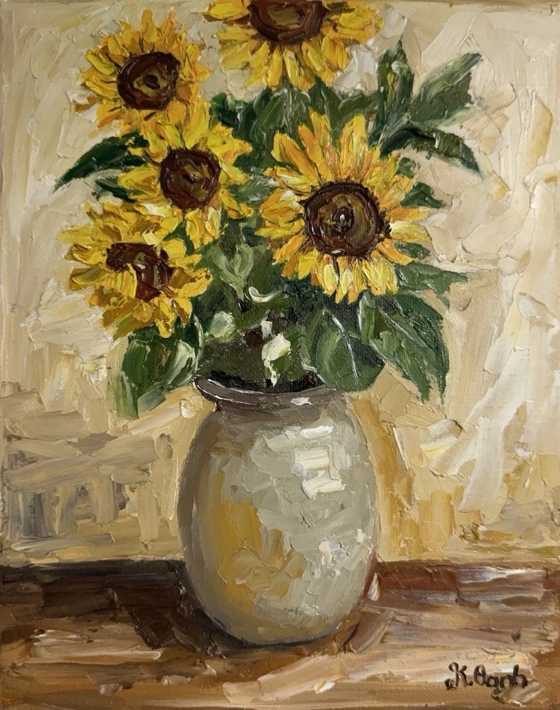 ORIGINAL OIL PAINTING STILL LIFE SUNFLOWERS IN A VASE STRETCH CANVAS SIGNED 8x10