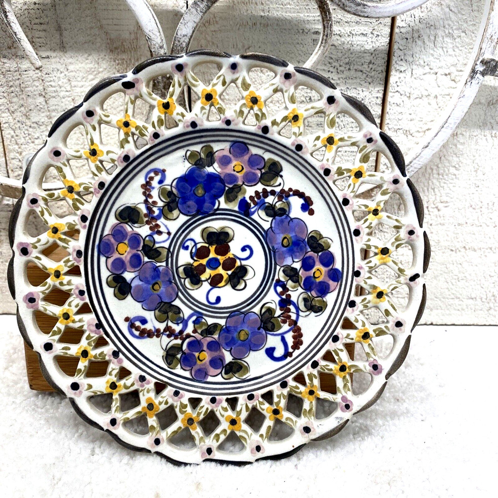 Vintage  Alcobaca Ceramic Hand Painted Portugal Purple Pansies Filigreed Edge