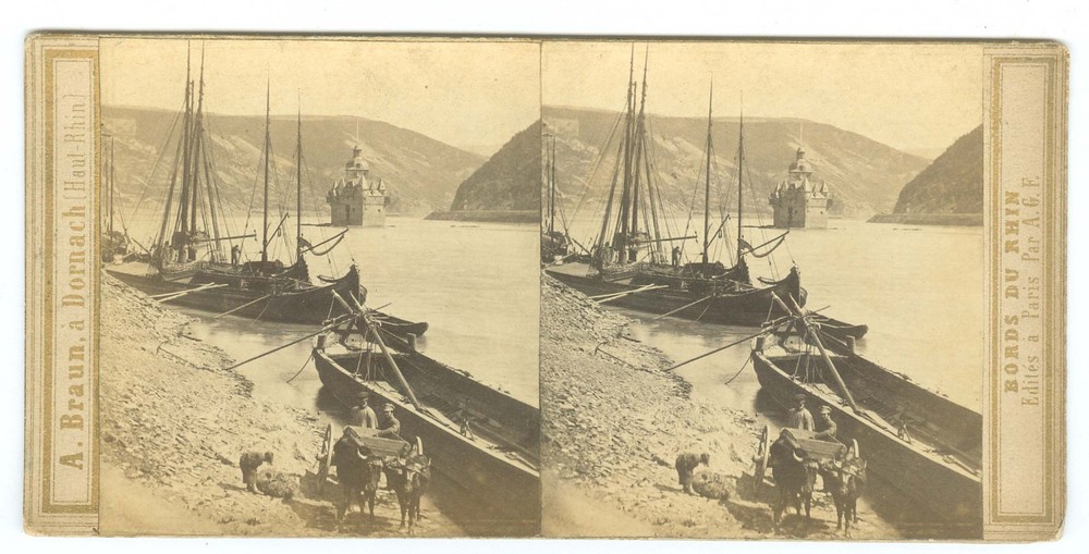 G5234~ GERMANY – Rhine Boats & Pfalzgrafenstein Castle 1860s Stereoview-Braun