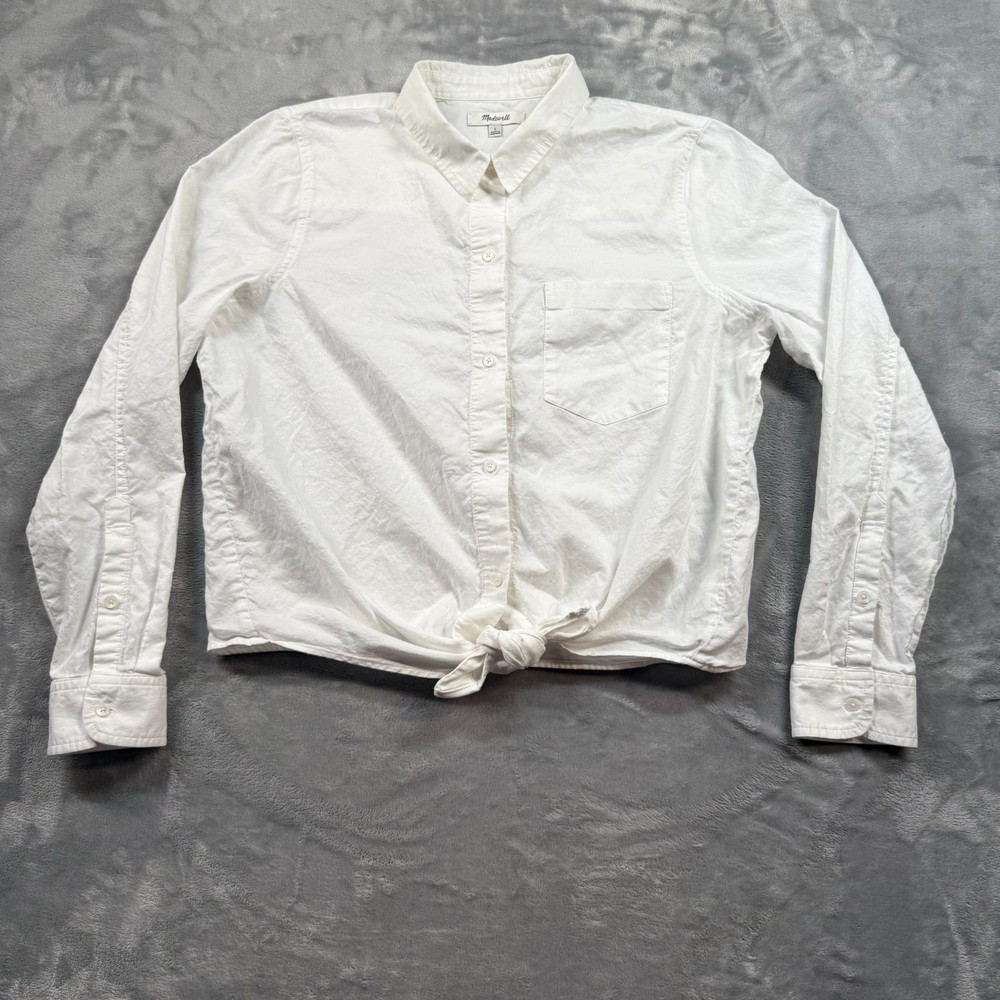 Madewell Women Tie Front Long Sleeve Button Shirt White Large Cotton Casual