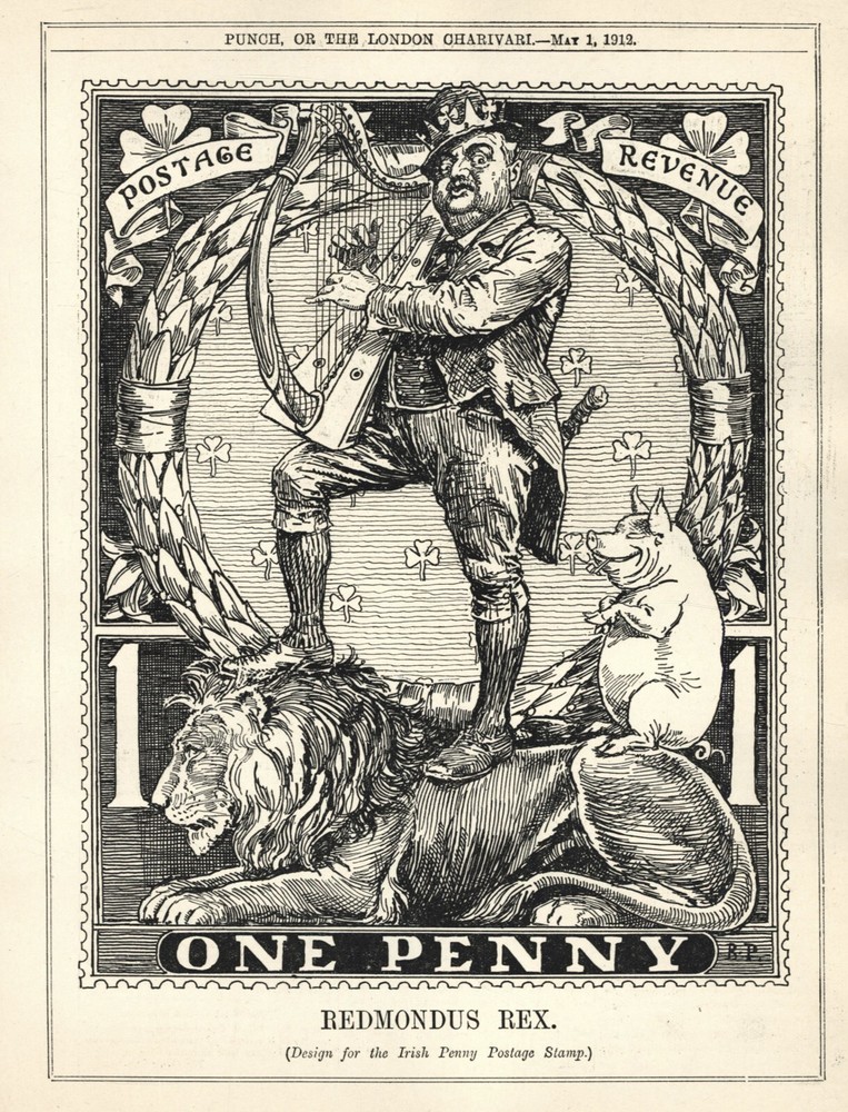 RARE 1912 British CARTOON Irish Penny Postage Stamp Design Satire - JOHN REDMOND
