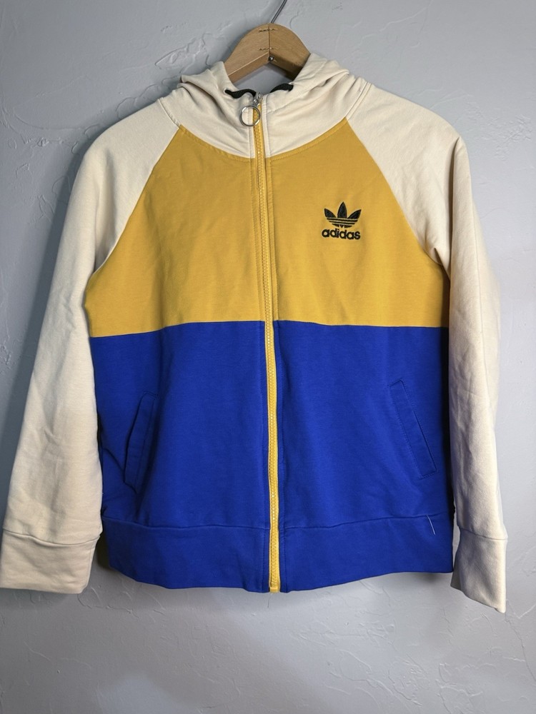 Vintage 00s Adidas Hoodie Women's Medium Full Zip Sweatshirt Retro Blue Yellow