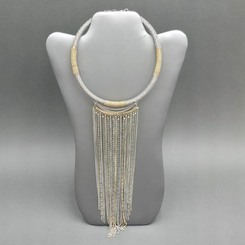 Vintage Two Tone Metal Mesh Collar Necklace Gold Silver Waterfall Fringe Choker