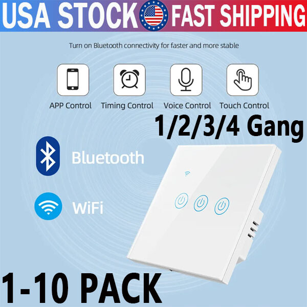 1/2/3/4 Gang WiFi Smart Wall Touch Light Switch Glass Panel For Alexa/Google APP