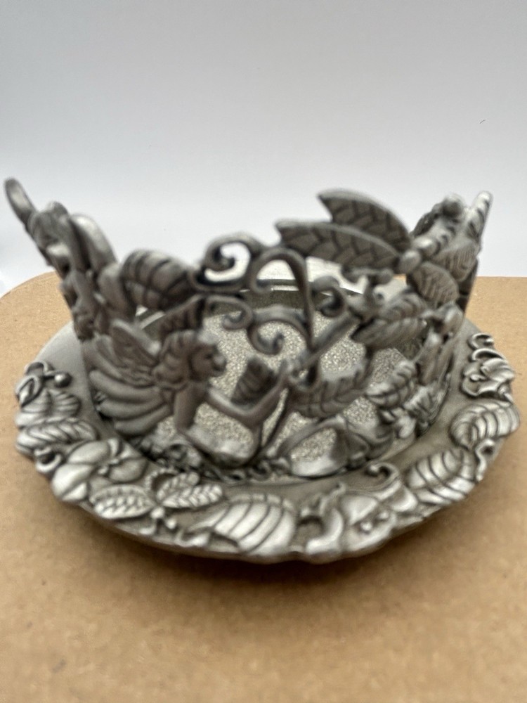 PartyLite Enchantment Votive Candle Holder Pewter Fairy & Dragonfly Scene