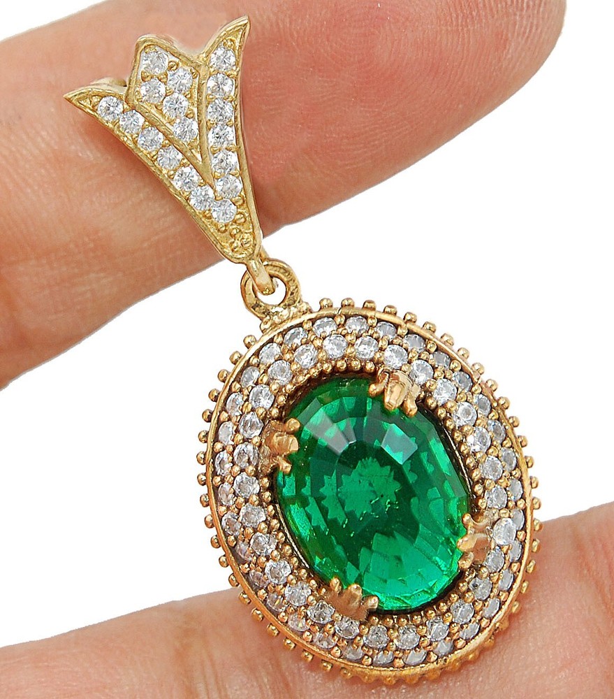 Ottoman Empire Style 14CT Treated Emerald 925 Sterling Silver Pendant TC5