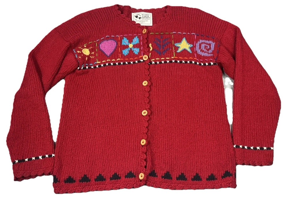 VTG Planet Earth Imports Red Cotton Cardigan Hand Loomed Peru Stars Hearts Sz 1
