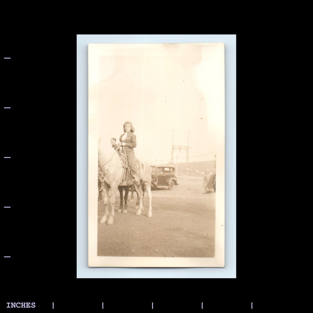 Old Vintage Photo WOMAN RIDING HORSE CLASSIC CAR