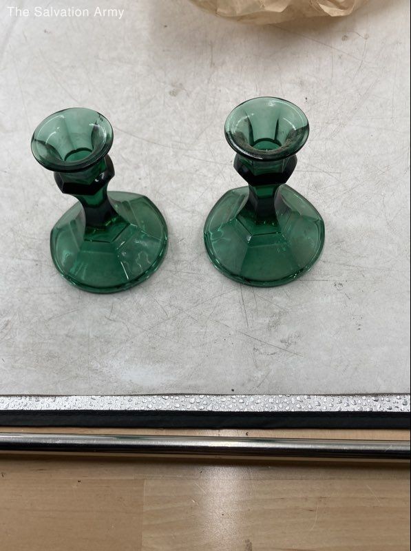 Vintage Indiana Glass Green Faceted Taper Candlestick Holders Pair Of 2