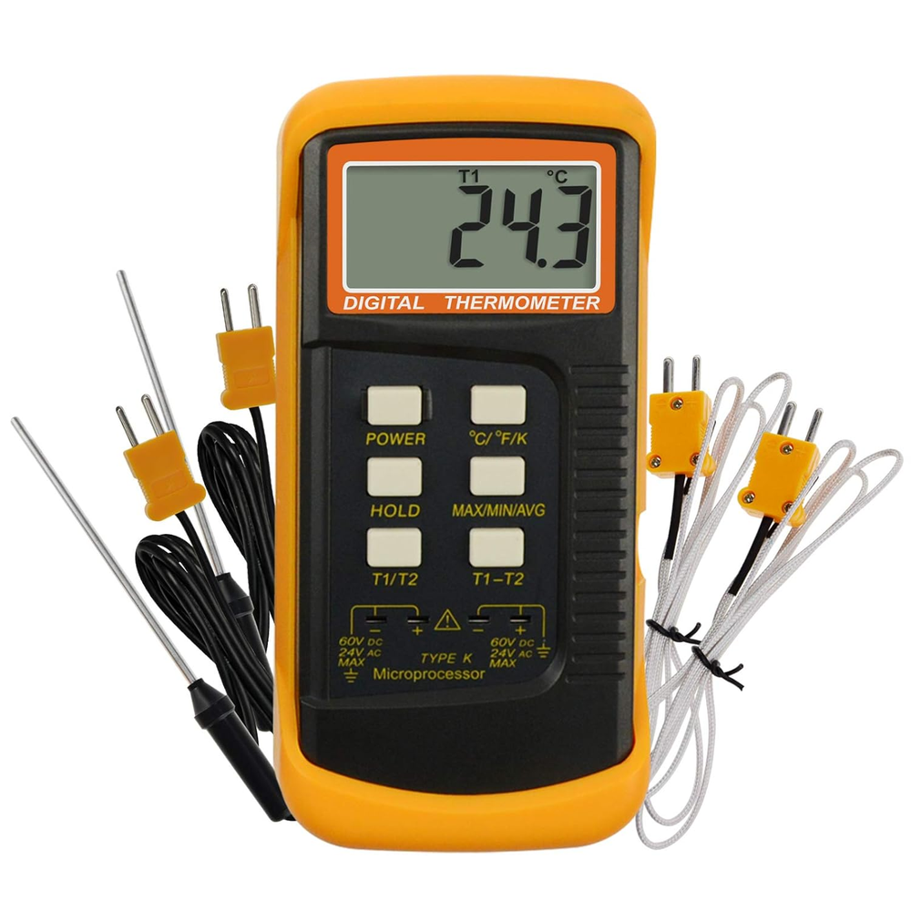 Digital K-Type Thermometer with Dual Channels 4 Thermocouples Wired & Stainless