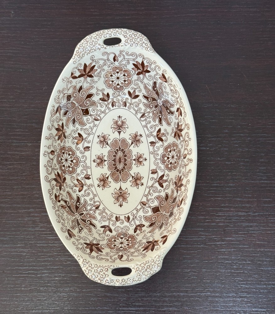 Mason's Patent Ironstone Oval Serving Dish Brown Floral England Vtg Bowl 10.5