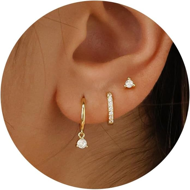 3 Pairs Gold Hoop Earrings Set: Dainty Stud Earrings Trendy Small 14K Gold Plate