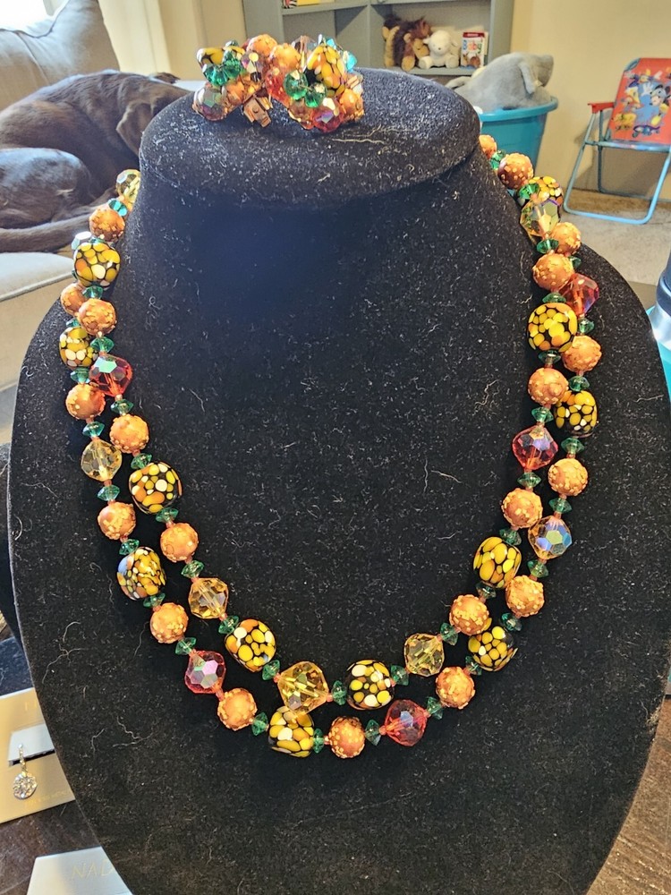 VTG Multicolor Fall Candy Corn Dual Strand Glass Beaded Necklace And Earrings