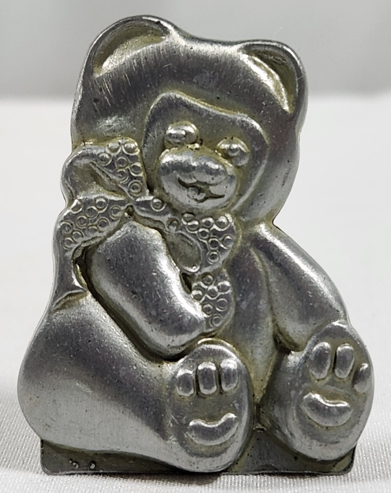Vintage Pewter Teddy Bear Cake Topper with Bow 1.5 Inch Keepsake Figurine