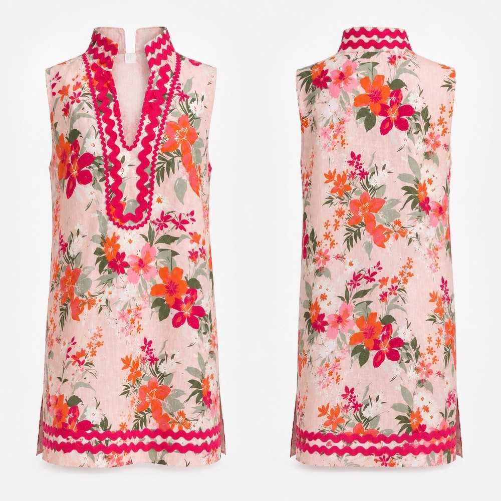 Sail To Sable Linen Dress Sz L Tropical Beach Resort Floral Soutache Trim