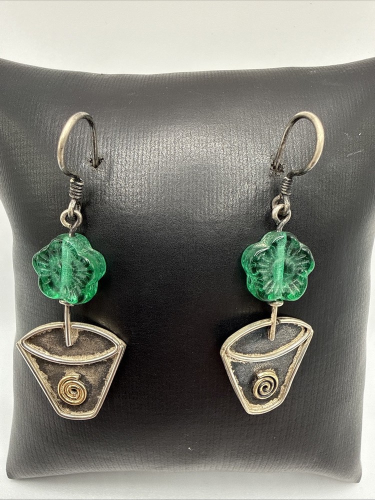 Vtg Art Modern 925 Sterling Silver Potted Flower Dangle Drop Earrings.5.2 Grams.