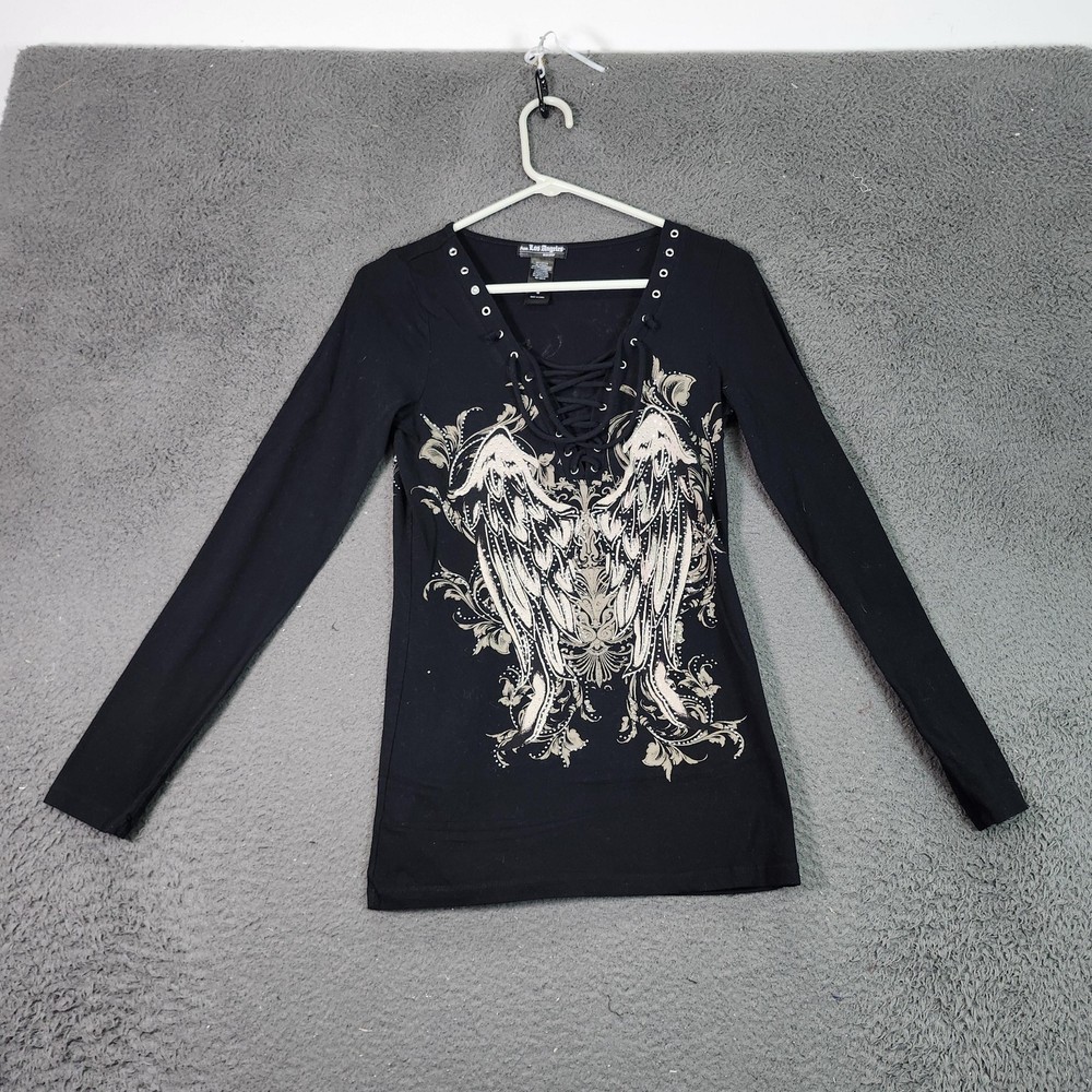 From Los Angeles Shirt Womens Medium Black Fairy Angel Wings Lace Up Graphic Top
