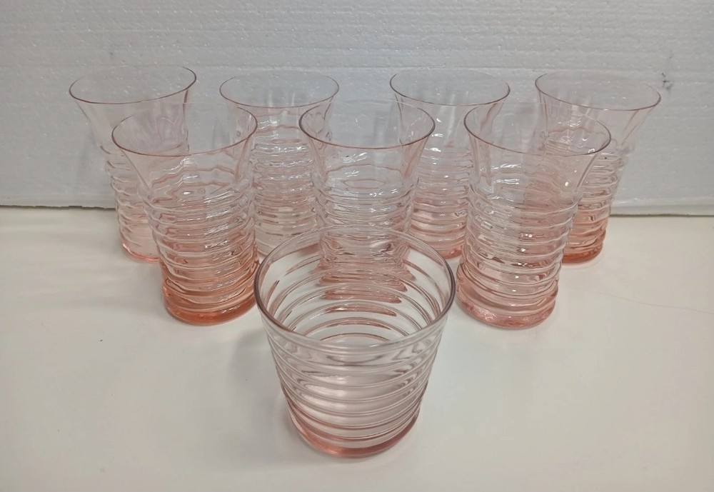 Heisey flamingo pink glass cups set of 8.