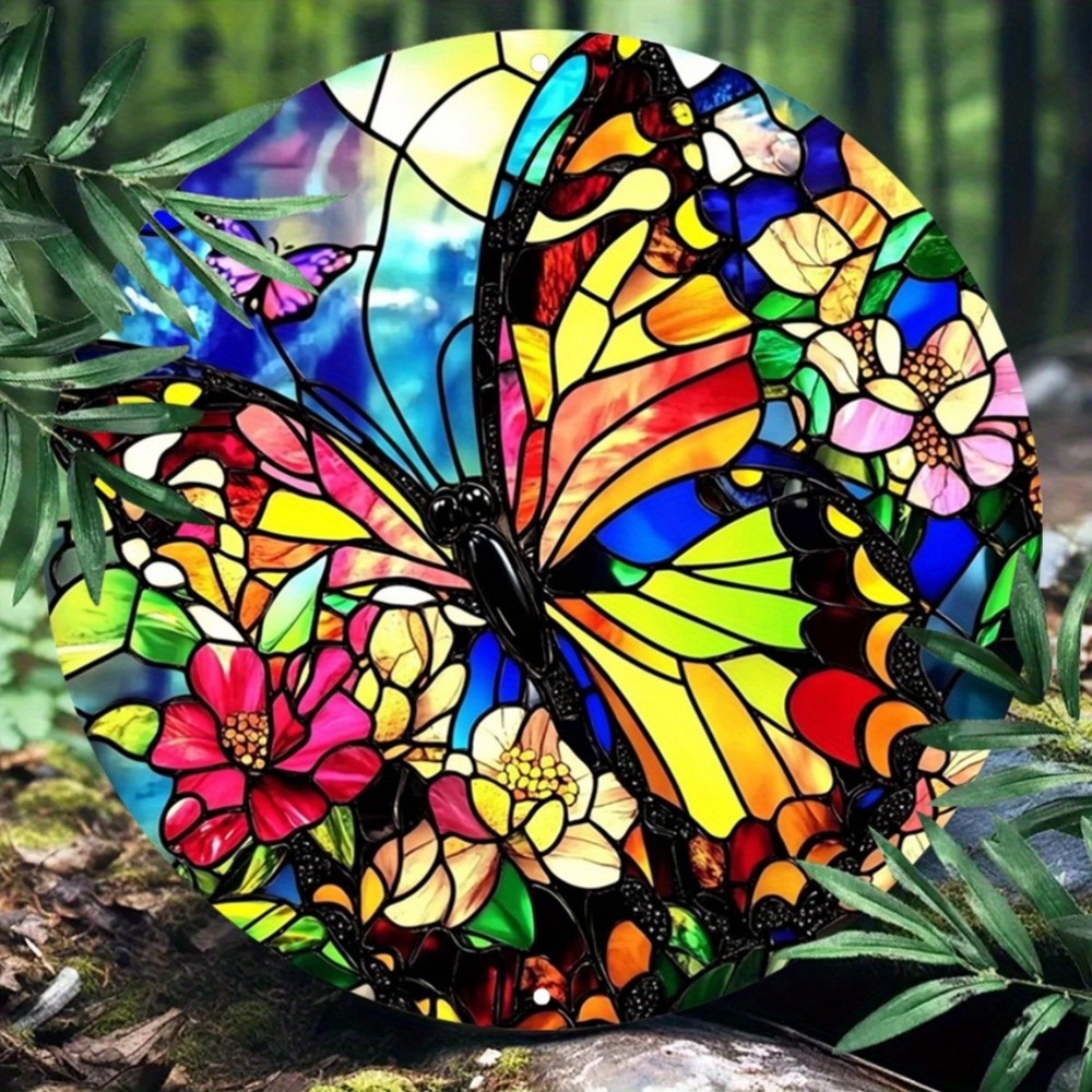 Vintage Stained Glass Butterfly Floral Round Aluminum Wall Art Decor