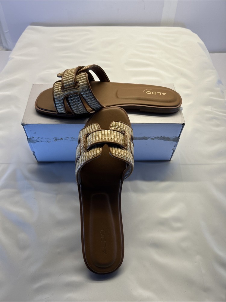 ALDO Elenaa Flat Sandals Slide-In Tan/Brown Woven Look SZ 8 New in Box
