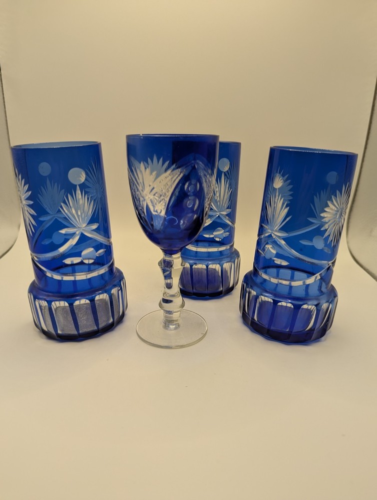 Bohemian Cut Glass Blue Goblet & Tumblers Set