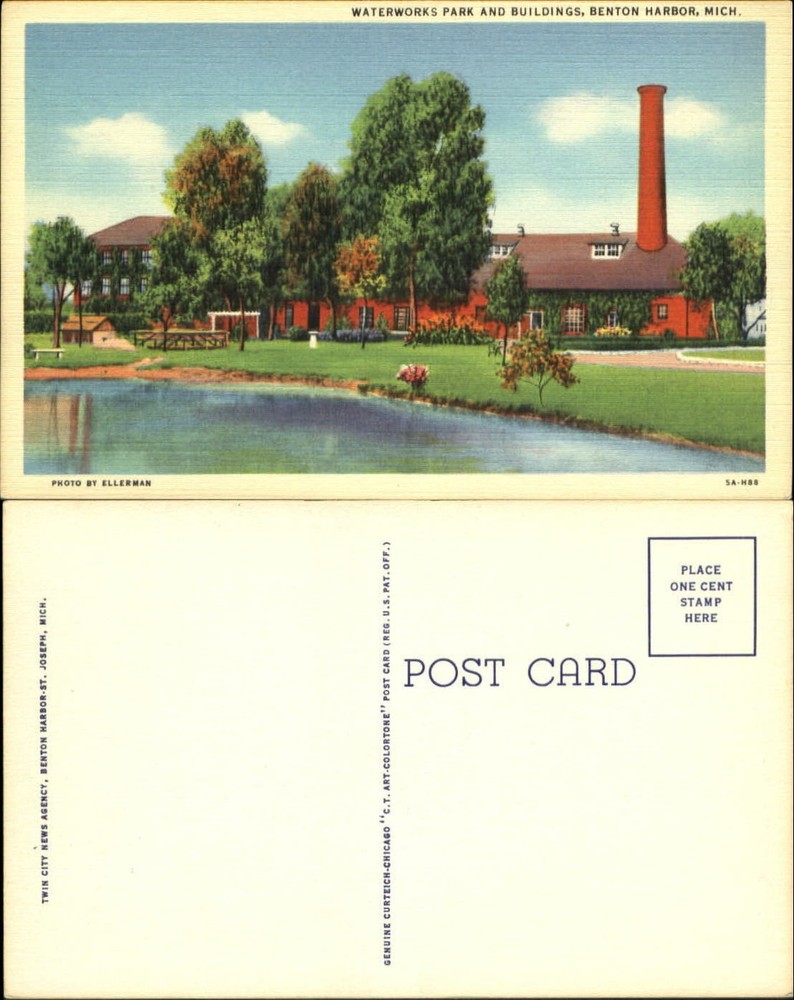 Waterworks Park and Buildings Benton Harbor Michigan linen 1940s