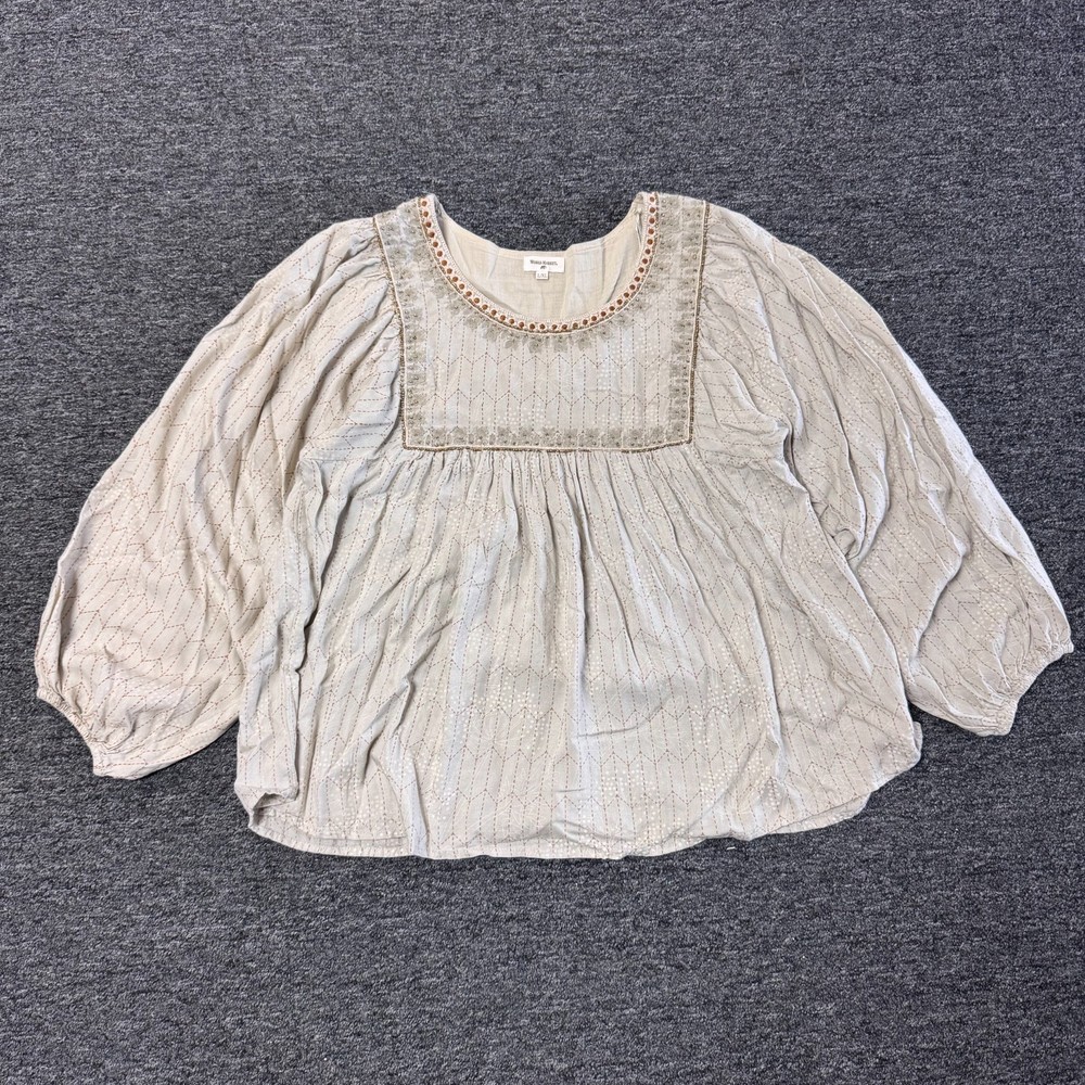 World Market Tasha Taupe Embroidered Scoop Boho Babydoll Blouse Top Sz L/XL