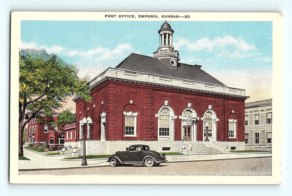 Post Office Emporia Kansas Public Building Street View Vintage Postcard G3