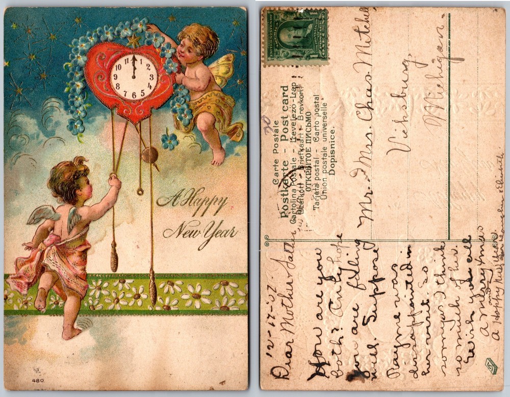 Cherubs Clock Heart New Year Postcard