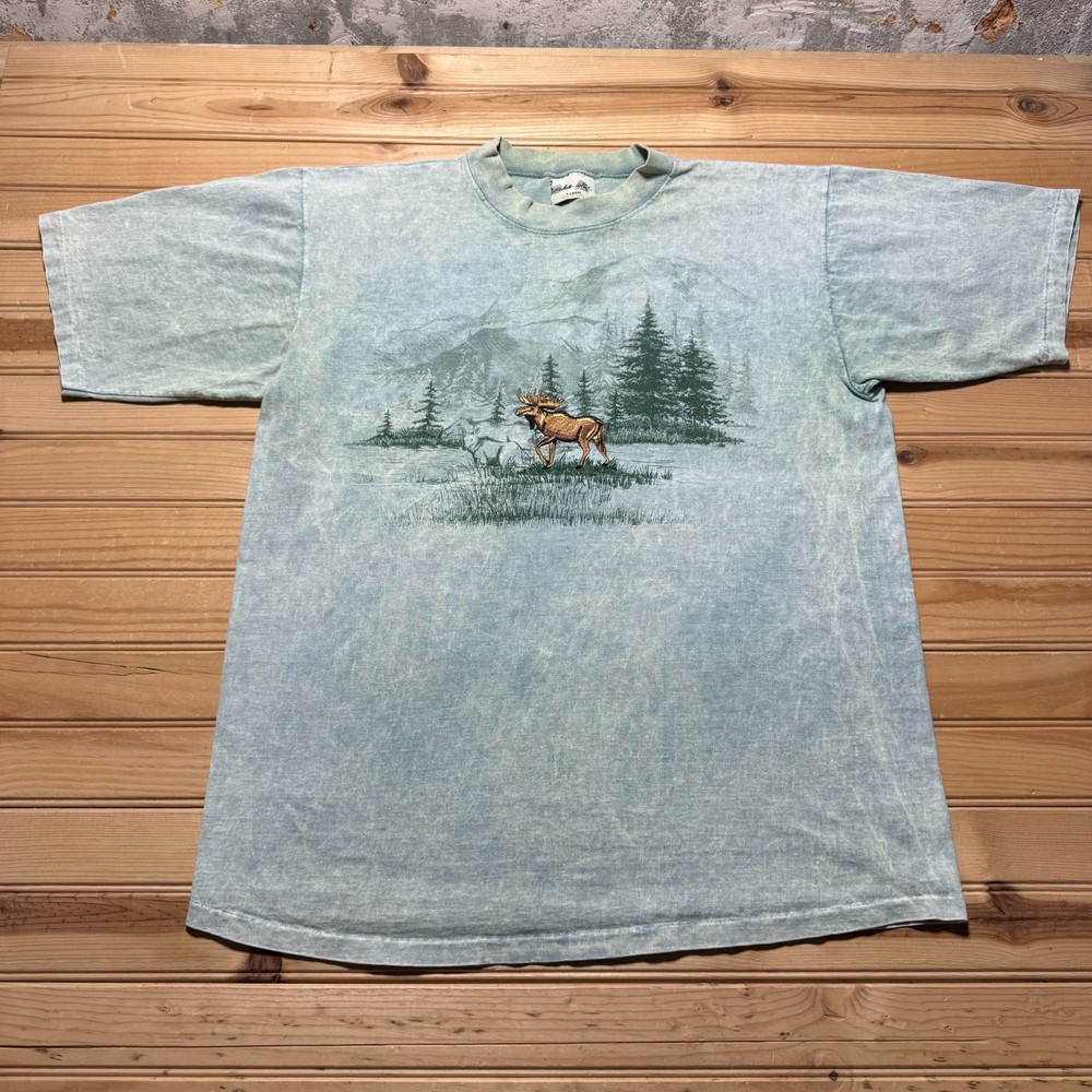 Vintage 90s Moose Mineral Wash Scenic Wildlife Outdoors Graphic T-Shirt - XL