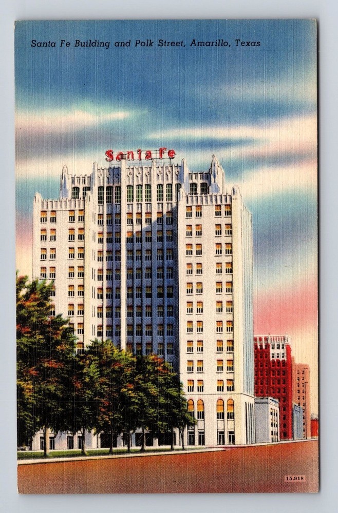 Amarillo TX-Texas, Santa Fe Building And Polk Street Advertise Vintage Postcard
