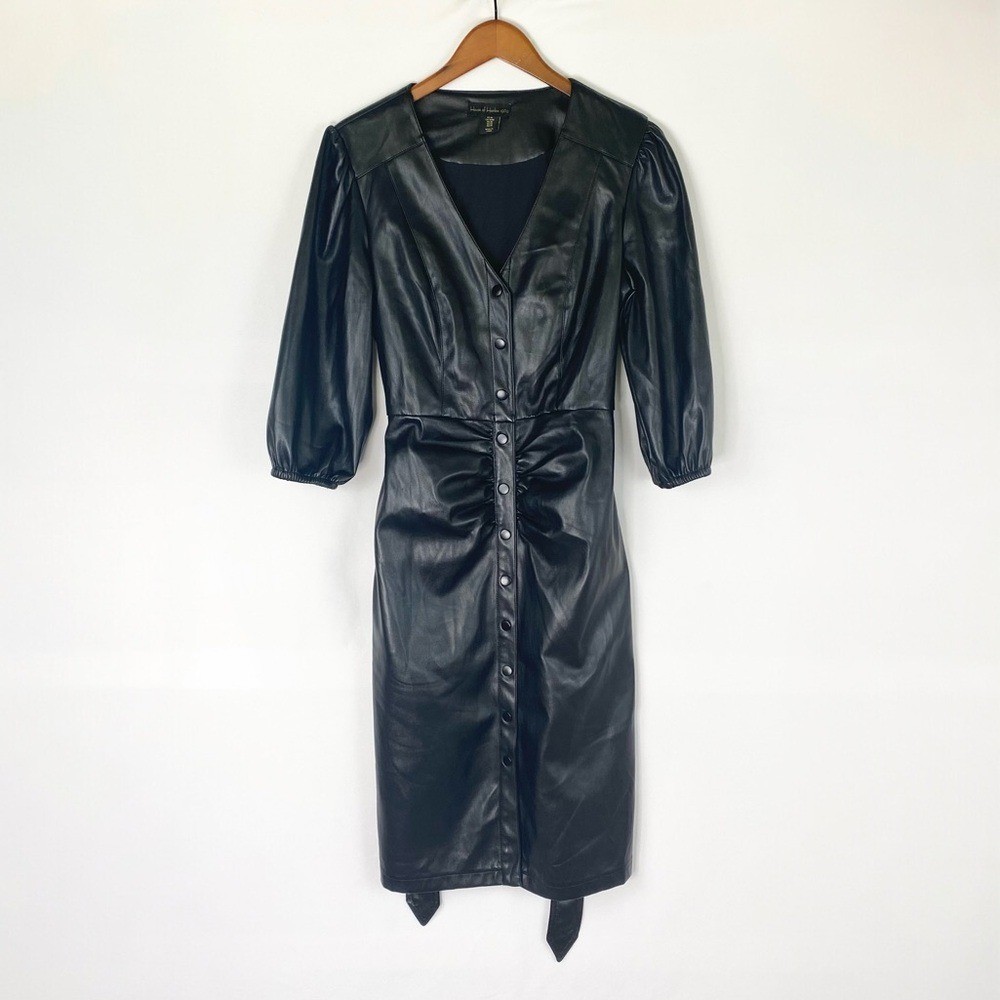House of Harlow 1960 Faux Leather Button Front Tie Midi Dress Puff Sleeve Sz M