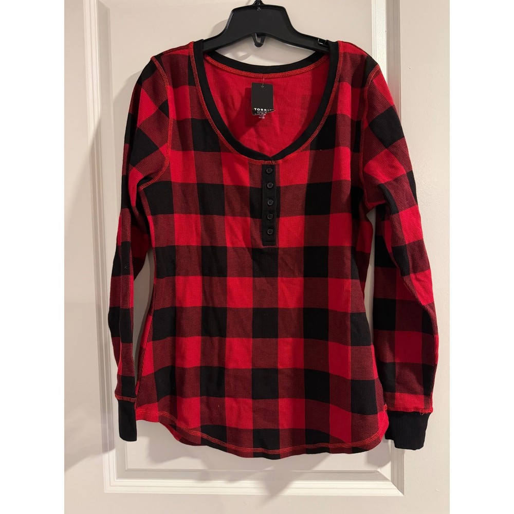 Torrid Womens Long Sleeve Buffalo Plaid Henley Thermal Top Size 1 Red Black