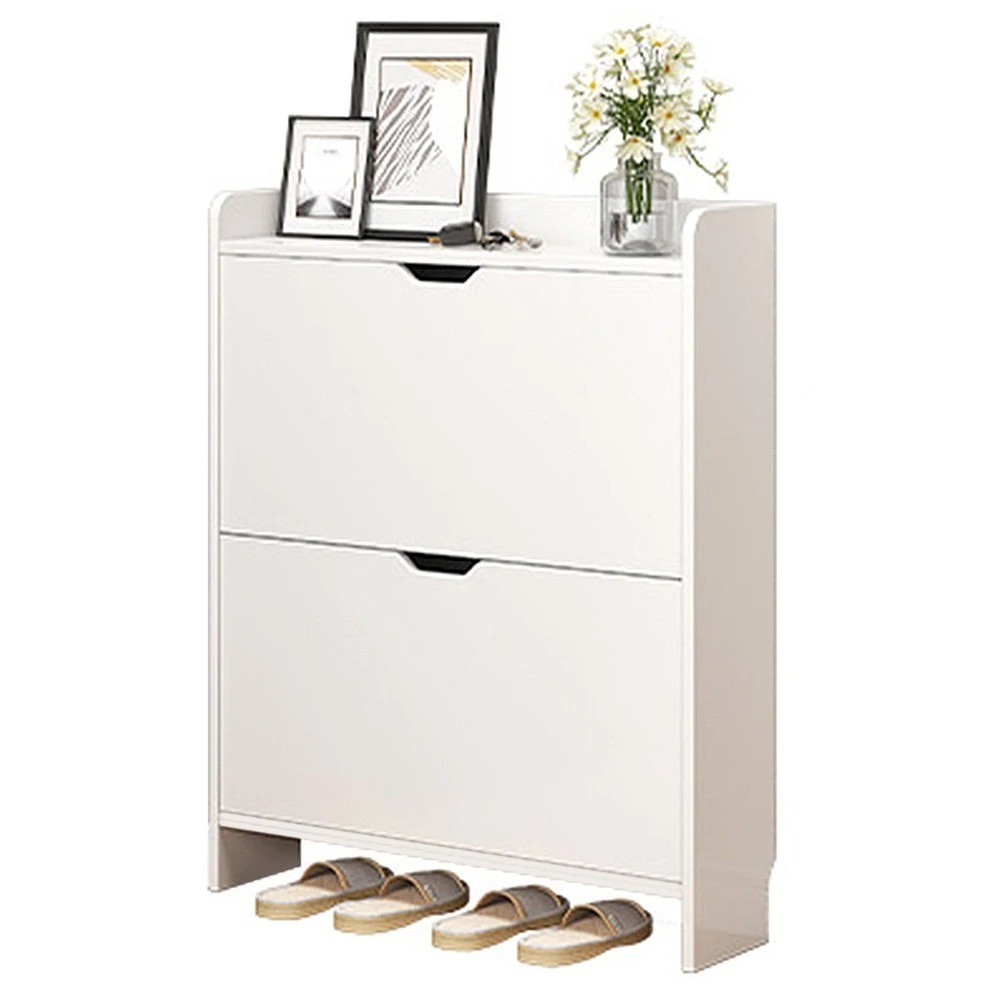 Wooden Narrow Shoe Storage Cabinet 2-Tier Flip Drawer Organizer Entryway Hallway