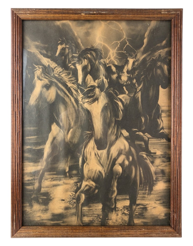 Framed Print Pencil Drawing on Brown Paper Horses Running in Storm Western Art