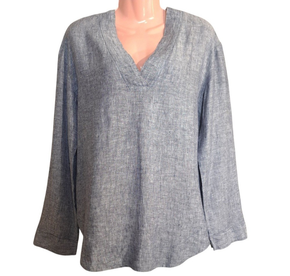 Pure Navy Women's 100% Linen Tunic Top Blue V-Neck Long Sleeves Size Small