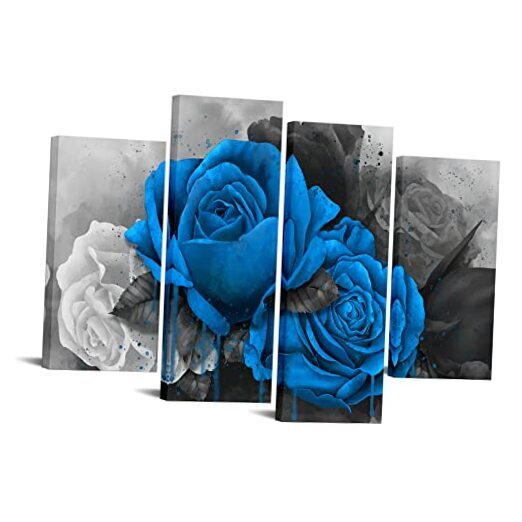 4 Piece Flower Canvas Wall Art Blue Rose Floral Painting Decor for Home