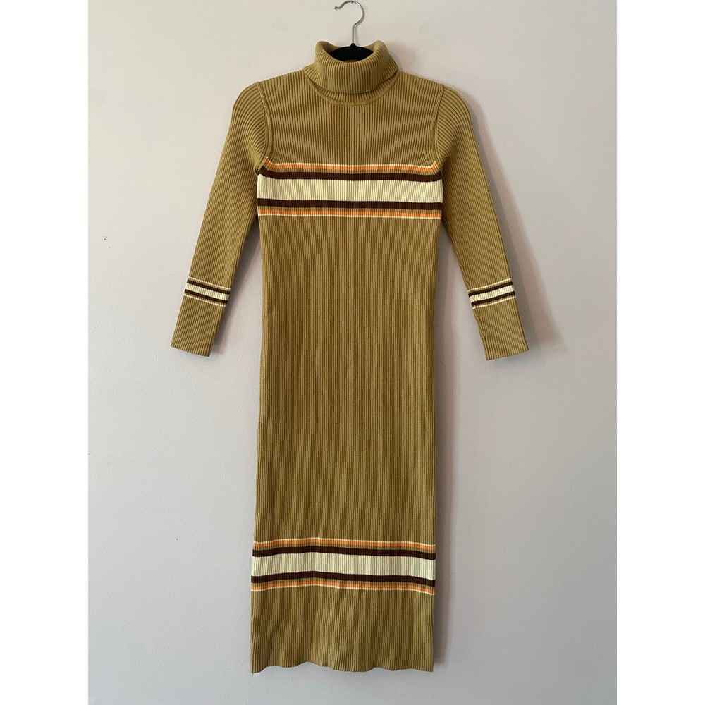 Free People Tan Brown Long Sleeve Sport Stripe Sweater Dress Midi Ribbed size XS