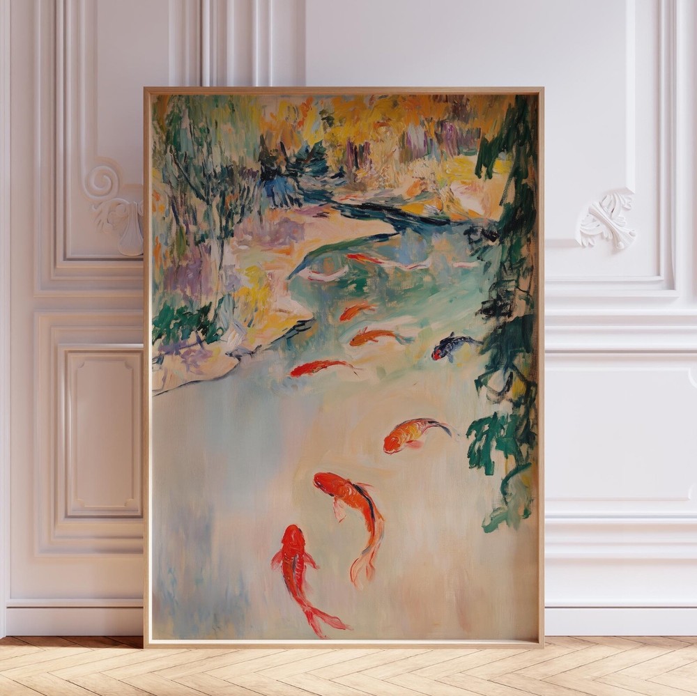 Japanese Koi Fish in Pond Japandi Wall Art Print