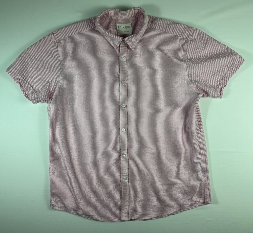 Primark Men's XL Pink Striped Seersucker Short Sleeve Button Up Shirt
